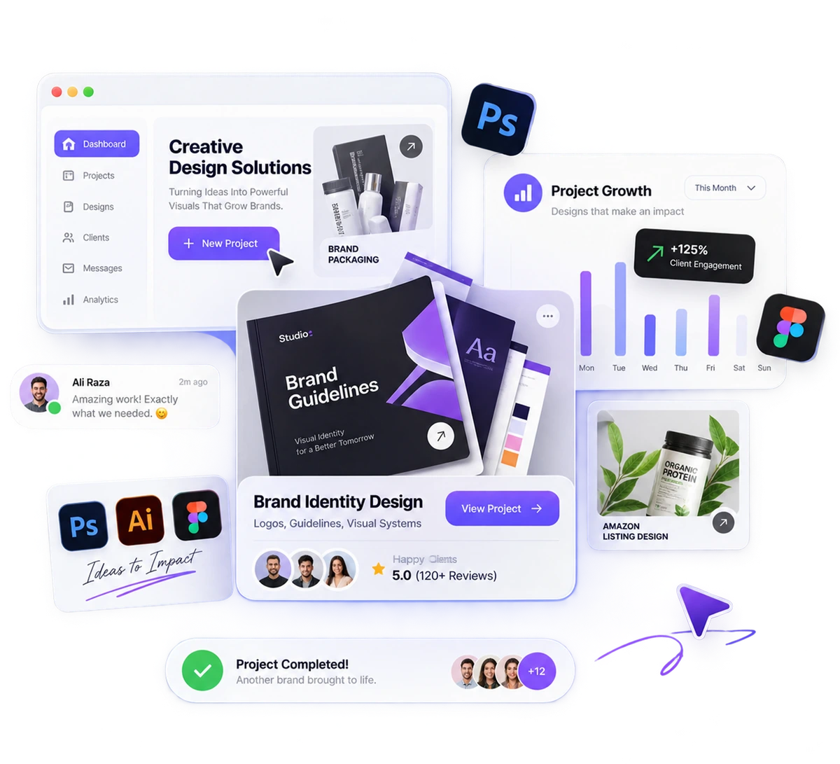 Fixon Studio creative design dashboard — brand identity, packaging and Amazon listing design work
